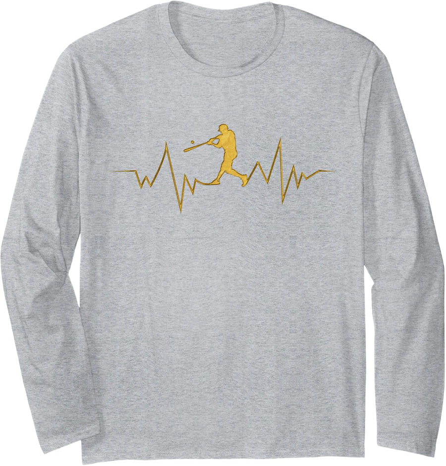 Baseball Heartbeat Cool Design for Sports Fans Long Sleeve T-Shirt - Adult Unisex Heather Grey