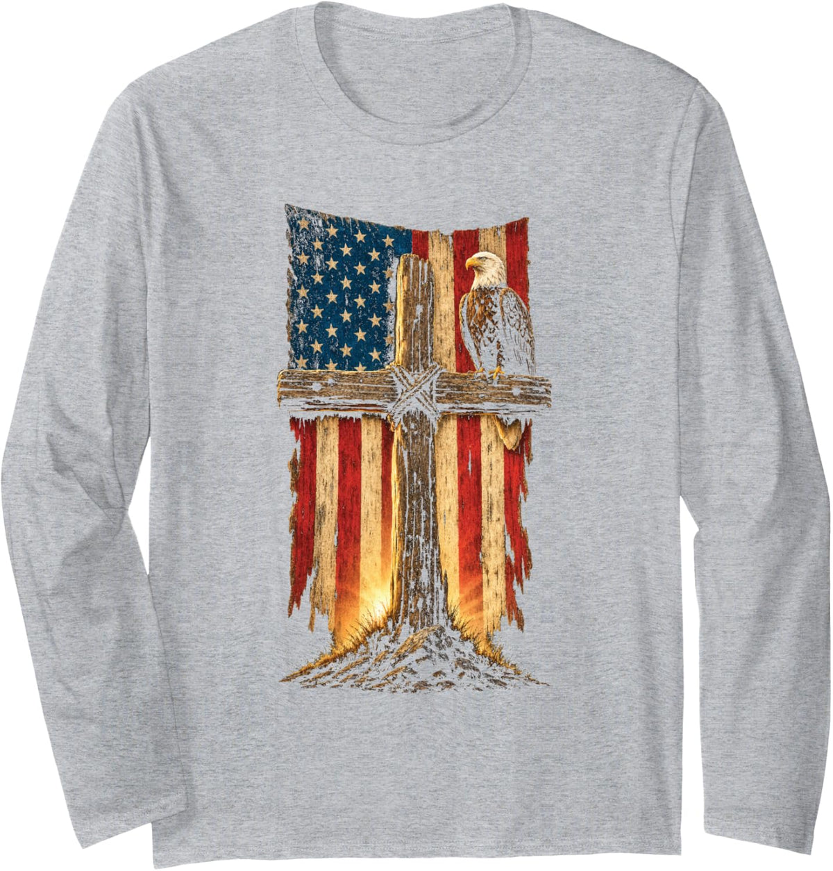 Patriotic Christian Bald Eagle American Flag Wooden Cross Long Sleeve T-Shirt - Adult Unisex Heather Grey
