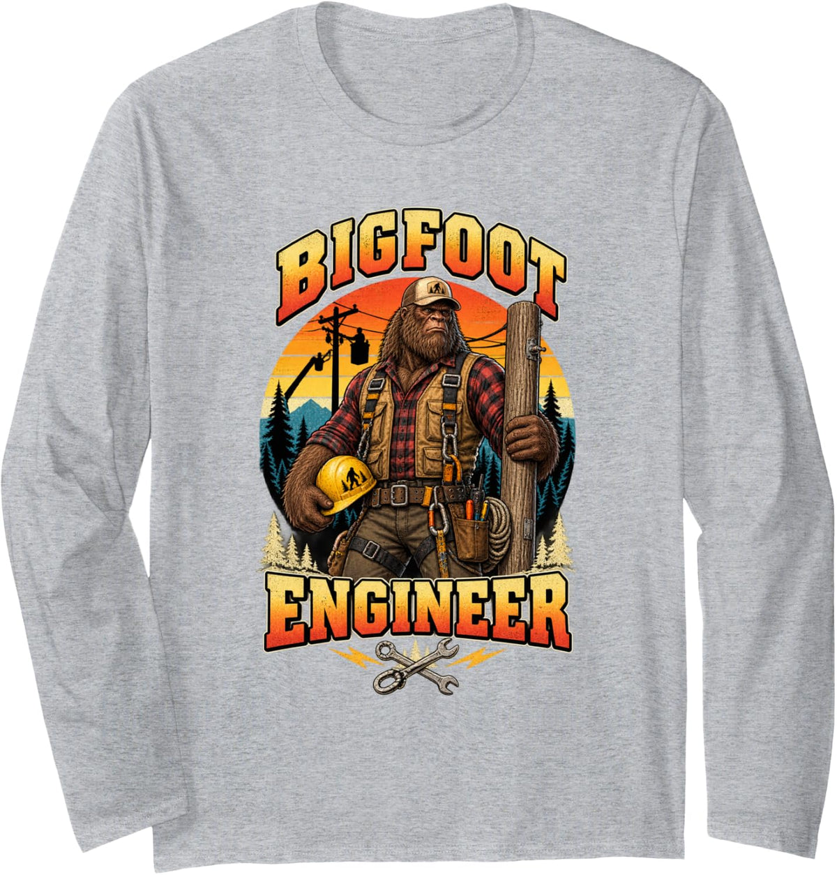Bigfoot Engineer Funny Sasquatch Power Lineman Electrician Long Sleeve T-Shirt - Adult Unisex Heather Grey