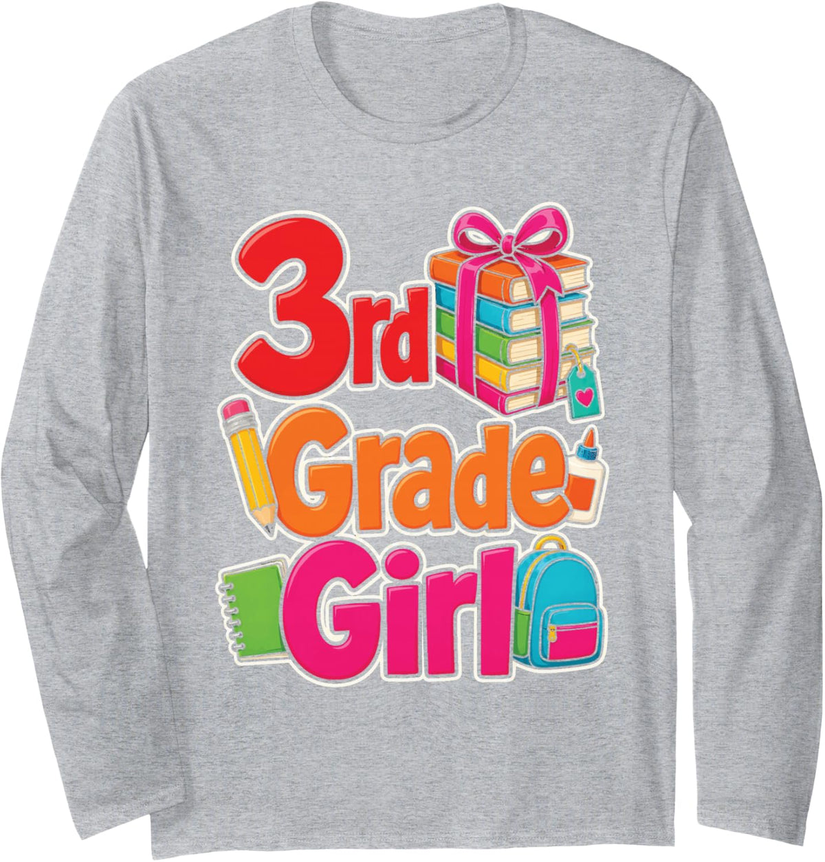 3rd Grade Girl First Day Backpack Book Stack Bows Long Sleeve T-Shirt - Adult Unisex Heather Grey