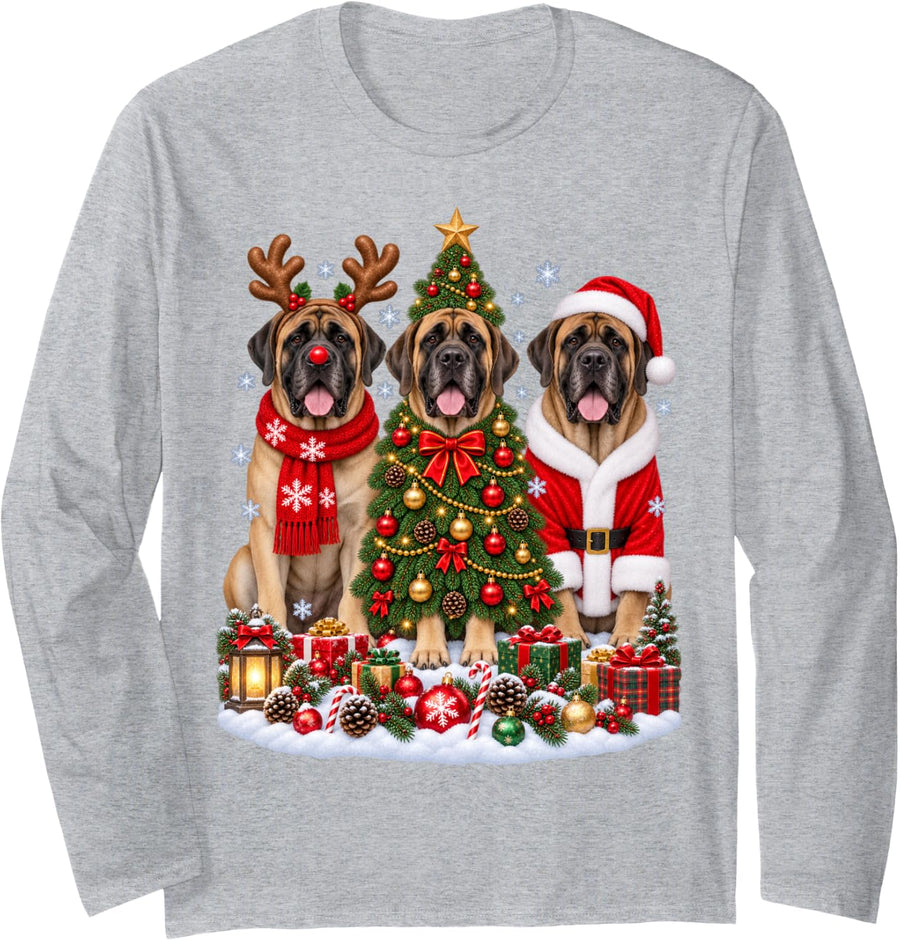 Retro Christmas Mastiff Santa Reindeer Dog Lover Long Sleeve T-Shirt - Adult Unisex Heather Grey