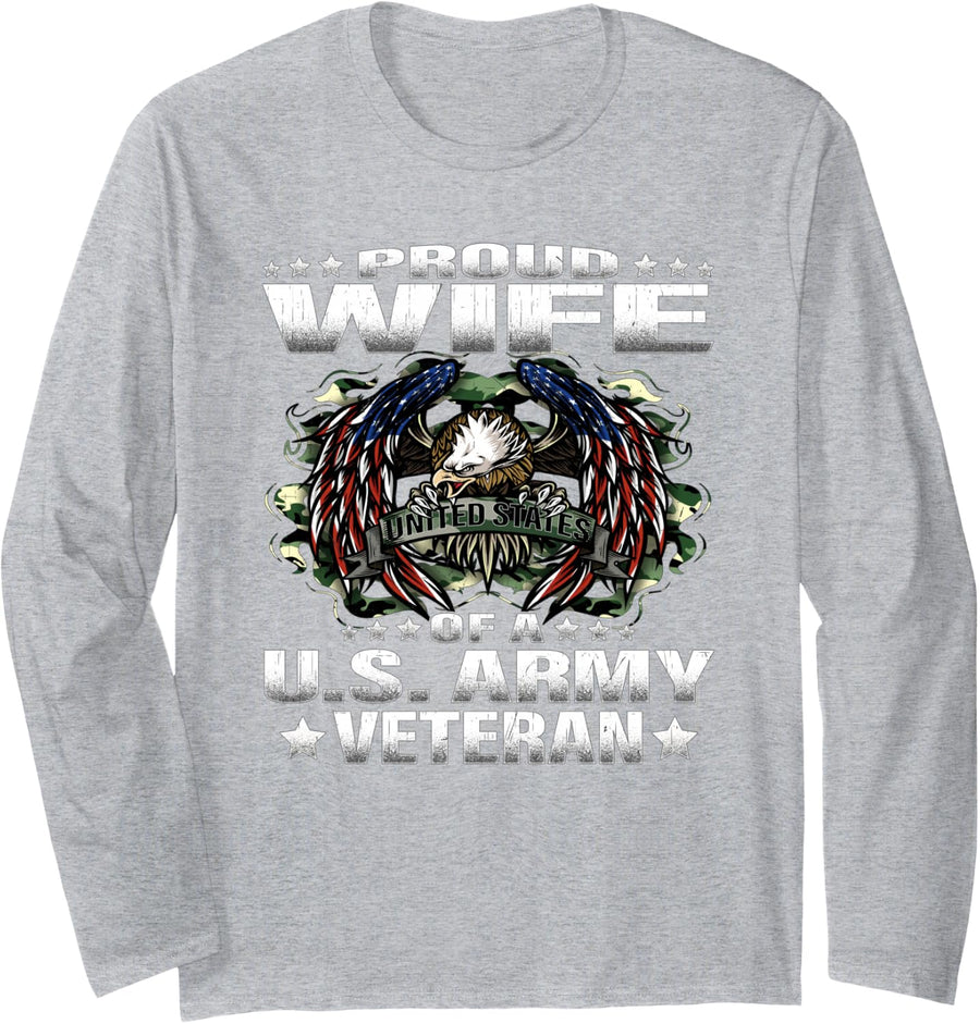 Proud Wife Of A US Army Veteran Military Vet's Spouse Long Sleeve T-Shirt - Adult Unisex Heather Grey