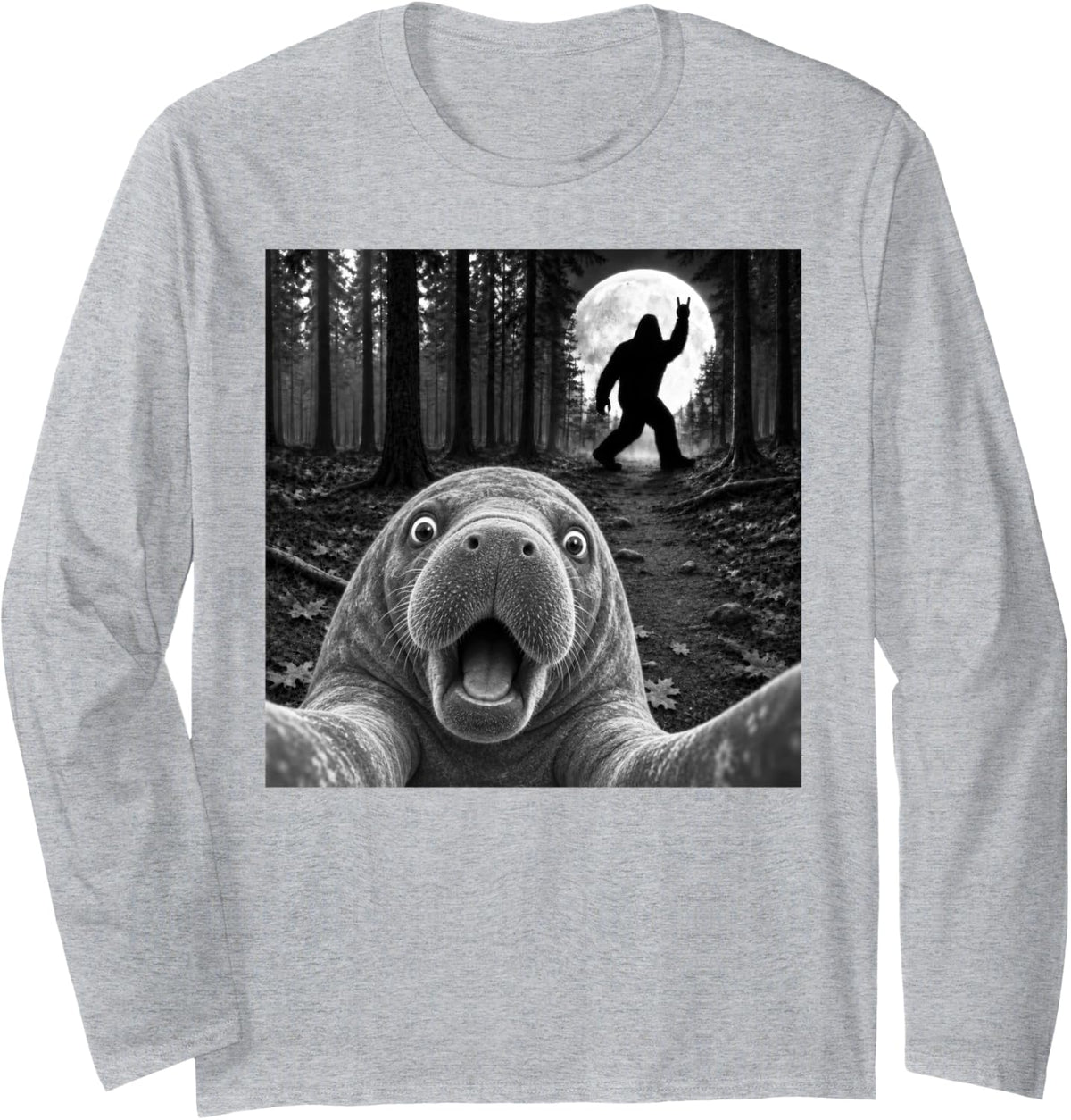 Manatee Selfie with Bigfoot Rock and Roll Sasquatch Long Sleeve T-Shirt - Adult Unisex Heather Grey