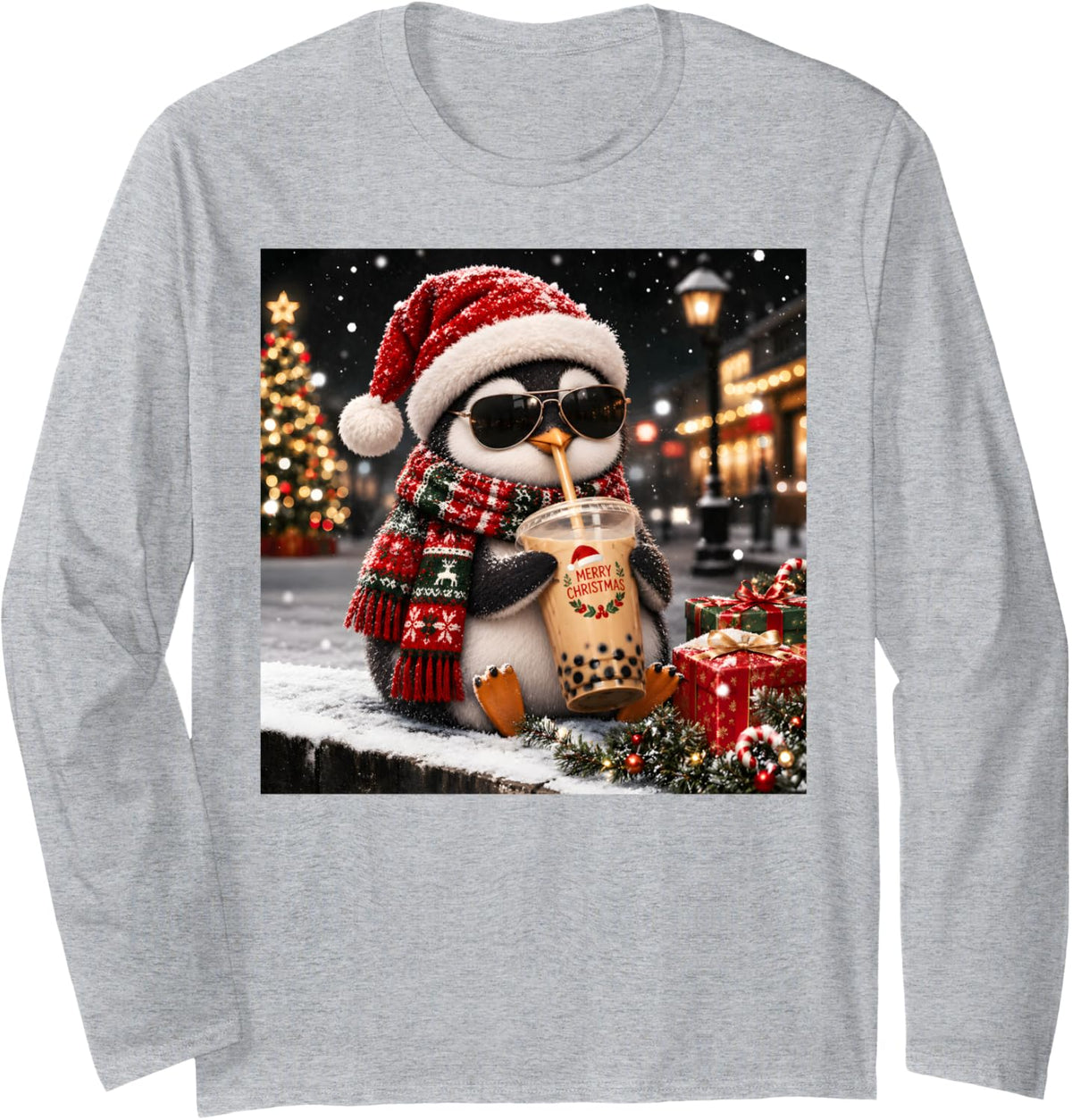Christmas Penguin Iced Coffee Holiday Coffee Lover Men Women Long Sleeve T-Shirt - Adult Unisex Heather Grey