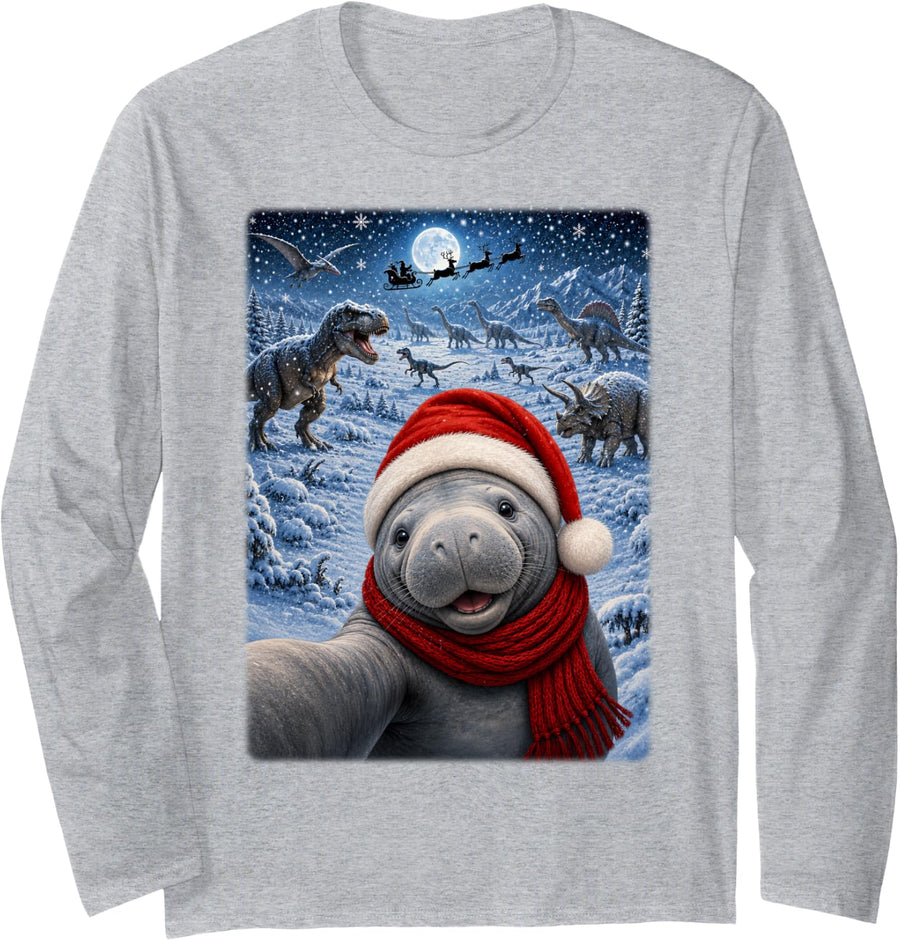 Xmas Dinosaurs Moon Night Starry Themed Manatee Christmas Long Sleeve T-Shirt - Adult Unisex Heather Grey