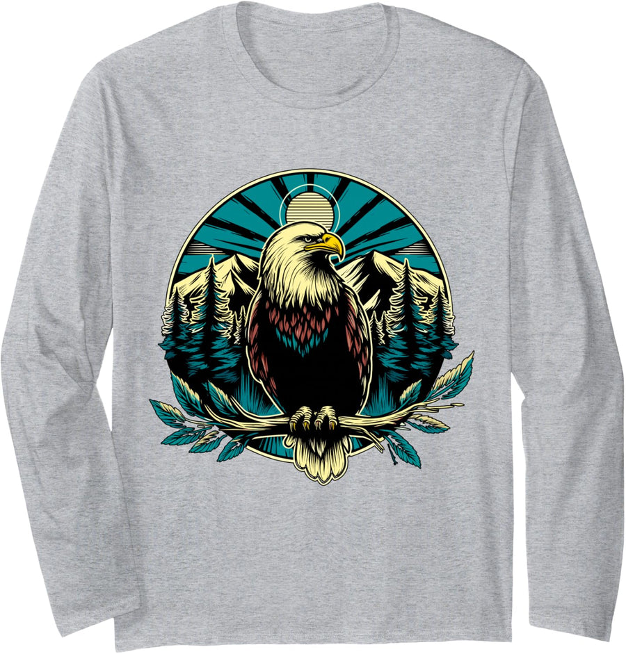American Bald Eagle Mountains Wildness 4th of July Long Sleeve T-Shirt - Adult Unisex Heather Grey