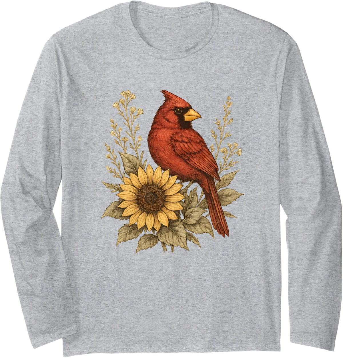 Red Cardinal Sunflower Vintage Nature Lover Birdwatching Long Sleeve T-Shirt - Adult Unisex Heather Grey
