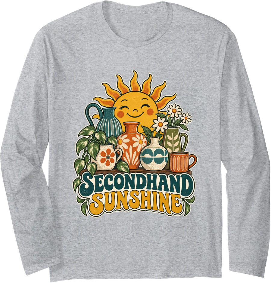 Secondhand Sunshine Vintage Pottery Plant Lover Thrifting Long Sleeve T-Shirt - Adult Unisex Heather Grey