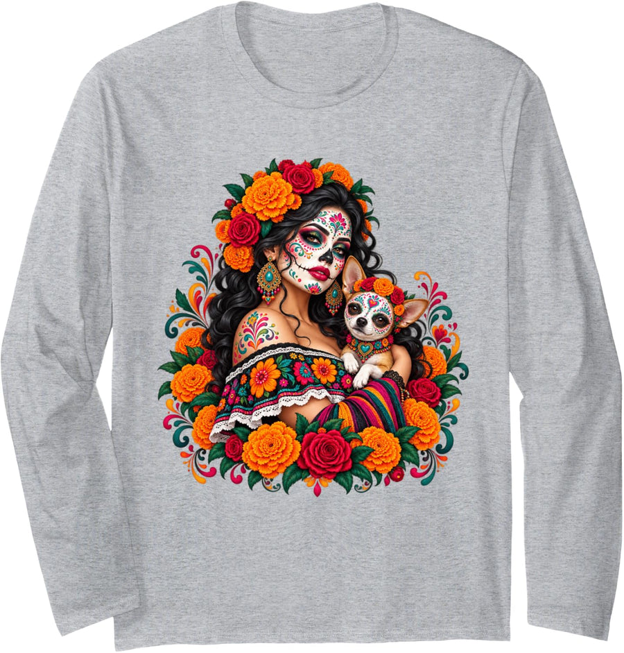 Dia de Los Muertos Catrina Woman Chihuahua Floral Fiesta Long Sleeve T-Shirt - Adult Unisex Heather Grey