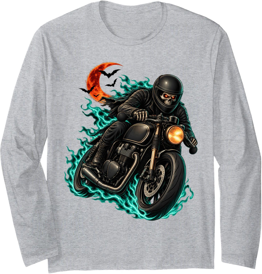 Spooky Skeleton Rider Motorcycle Horror Biker Gothic Long Sleeve T-Shirt - Adult Unisex Heather Grey