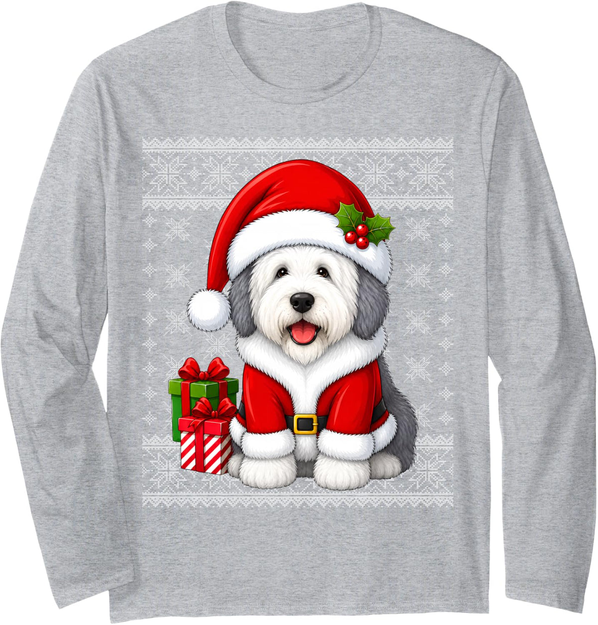 English Sheepdog Christmas Santa Costume Ugly Sweaters Xmas Long Sleeve T-Shirt - Adult Unisex Heather Grey