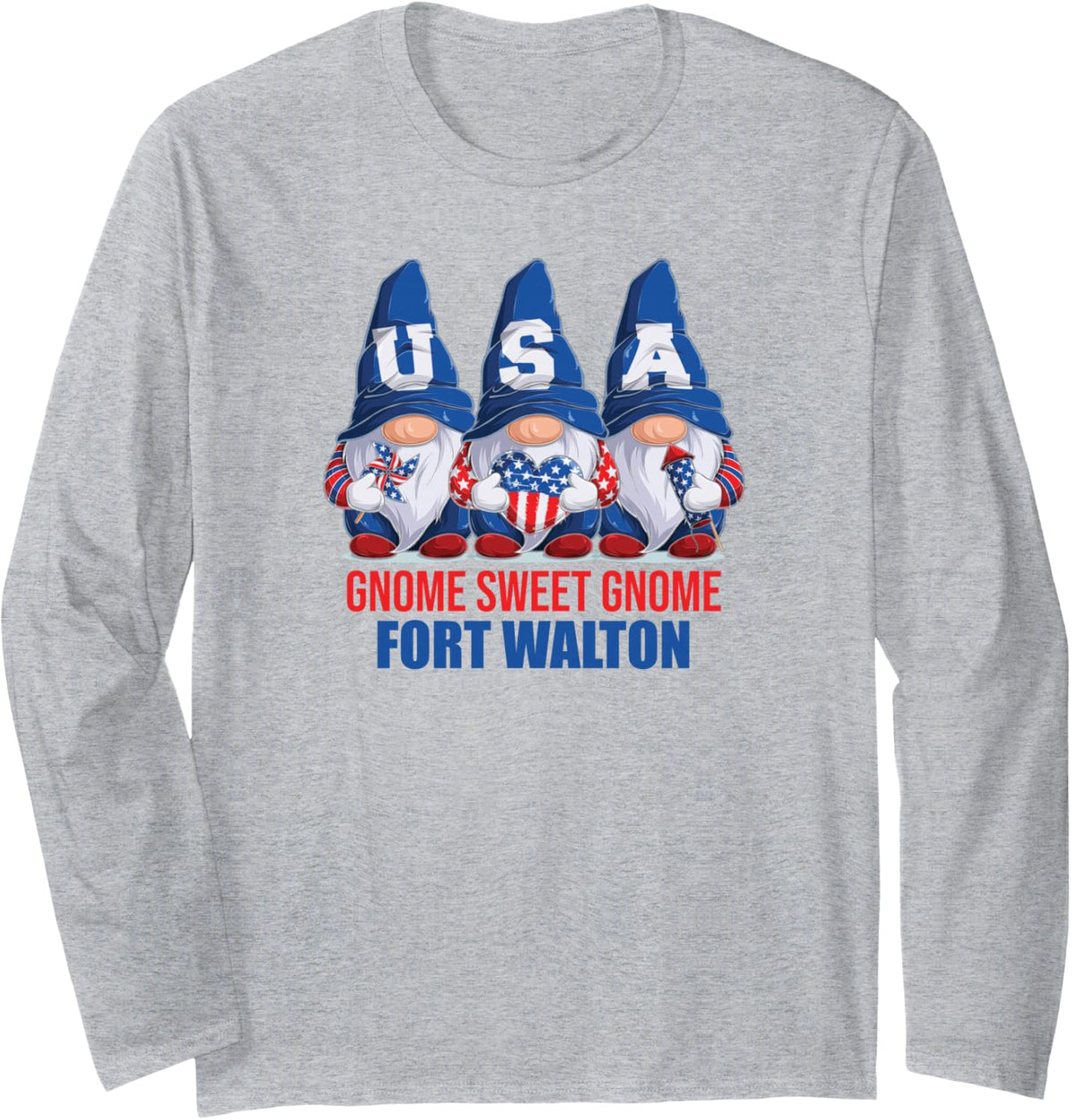 Fort Walton Florida Gnome Sweet Gnome American Flag Gnomes Long Sleeve T-Shirt - Adult Unisex Heather Grey
