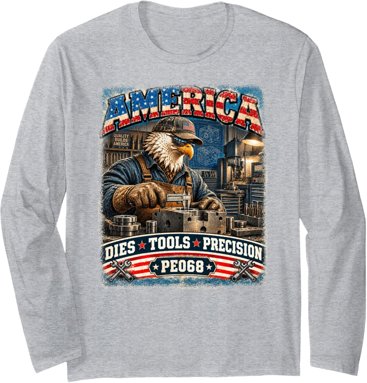 America | Dies Tools Precision | Vintage Eagle Tool Maker Long Sleeve T-Shirt - Adult Unisex Heather Grey