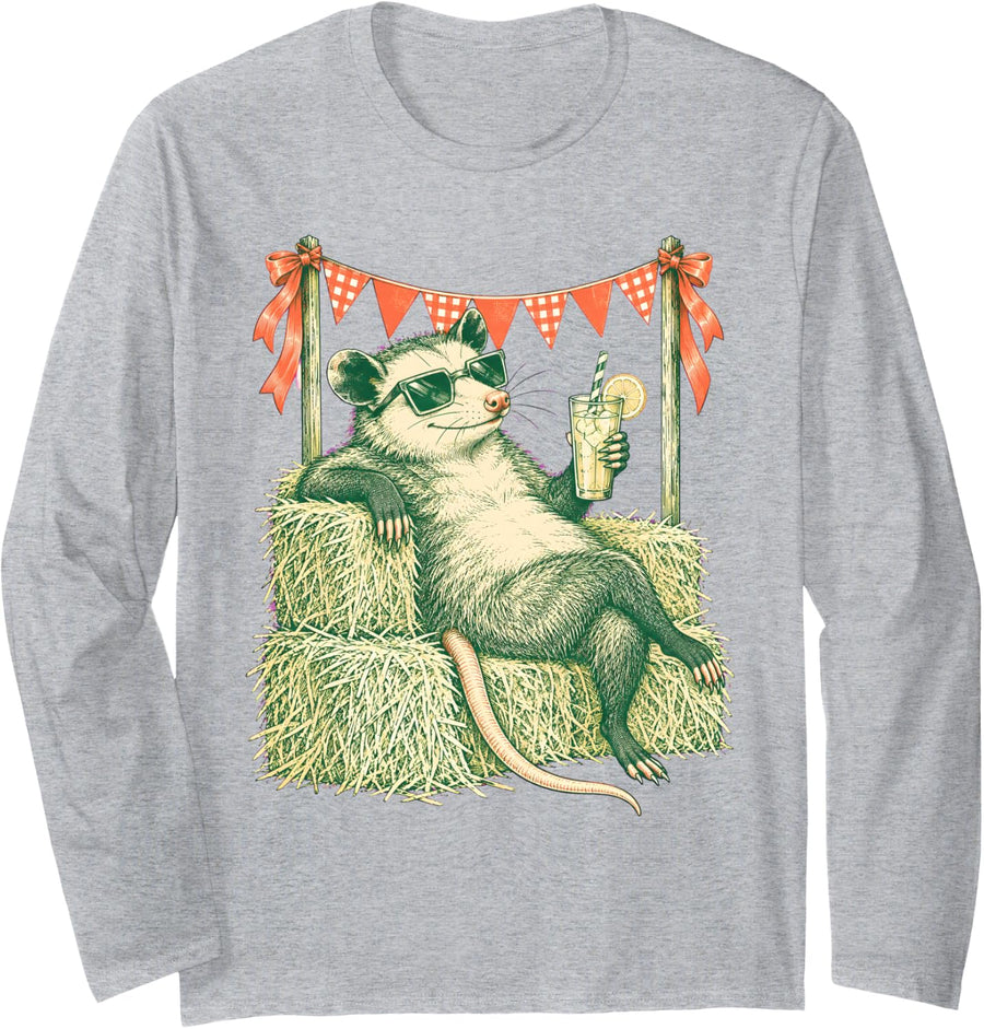 Relaxing Opossum Carnival Drink Animal Long Sleeve T-Shirt - Adult Unisex Heather Grey