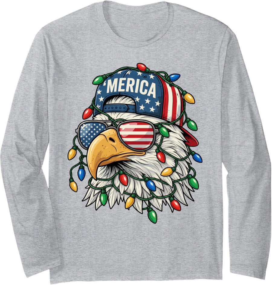 Bald Eagle Christmas Funny Lights Patriotic Merica Long Sleeve T-Shirt - Adult Unisex Heather Grey