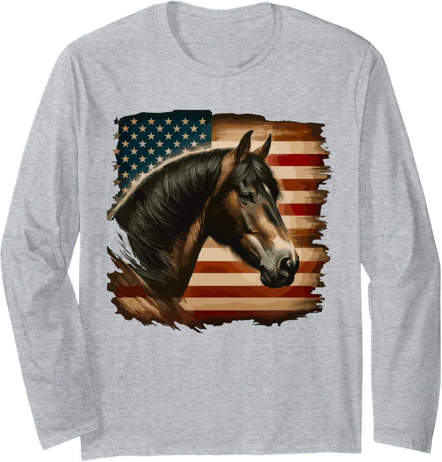 American Flag Patriotic Horse Horseback Riding Western Farm Long Sleeve T-Shirt - Adult Unisex Heather Grey
