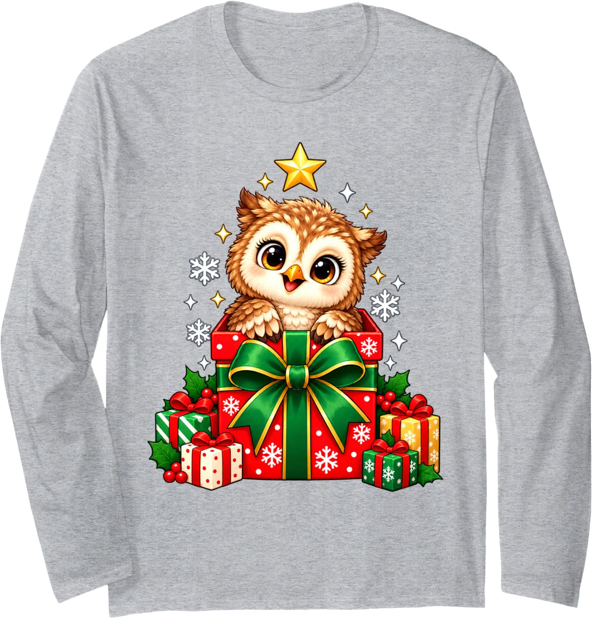 Delighted Owl Christmas Box Holiday Graphic Long Sleeve T-Shirt - Adult Unisex Heather Grey