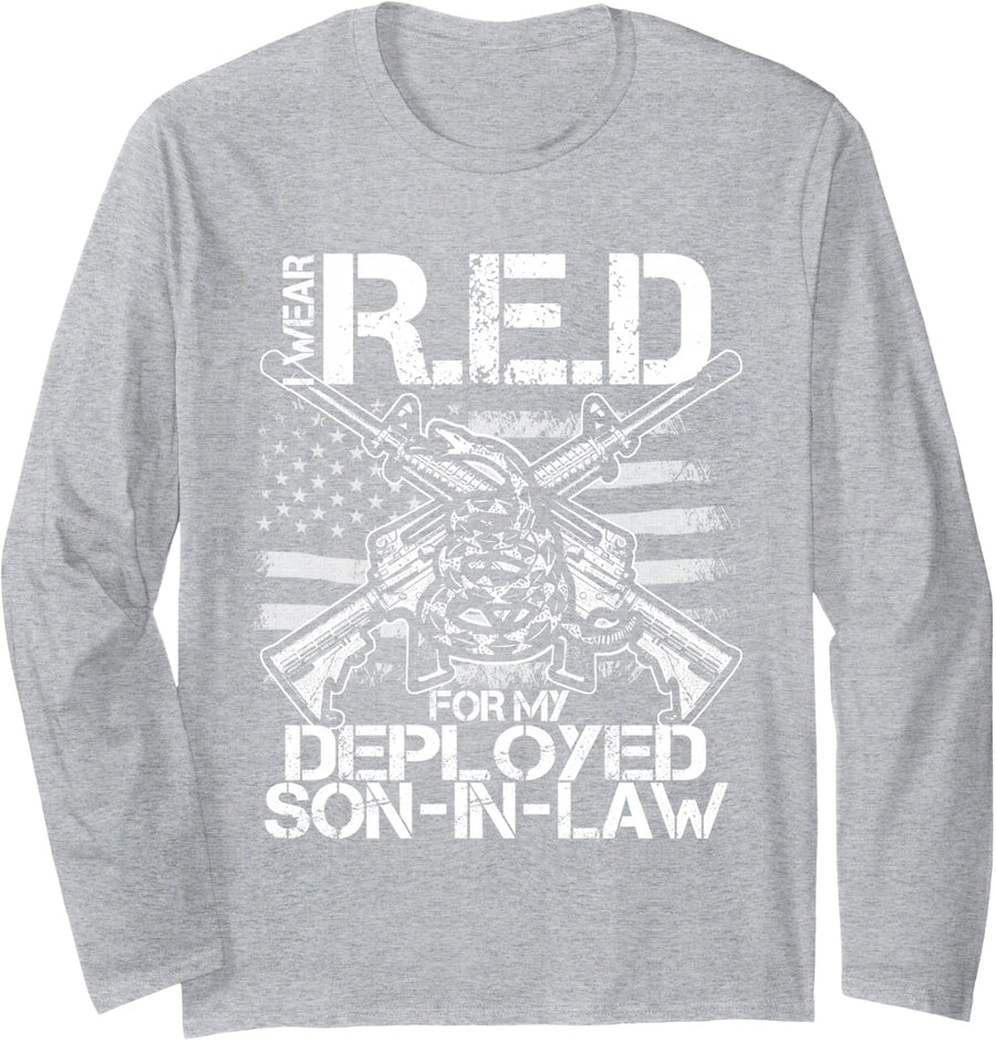 I Wear RED for My Deployed Son in Law Shirt Military Gift Long Sleeve T-Shirt - Adult Unisex Heather Grey