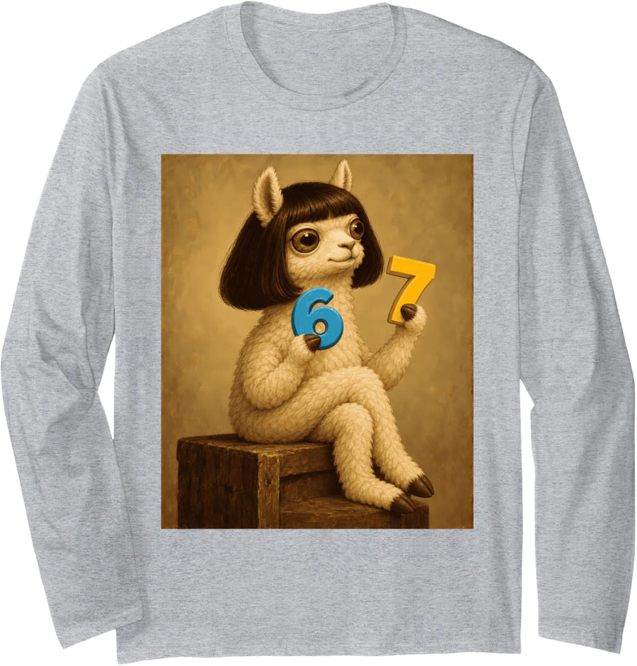 Llama with Bob Haircut Funny Gen Z Kids Meme Brainrot Long Sleeve T-Shirt - Adult Unisex Heather Grey
