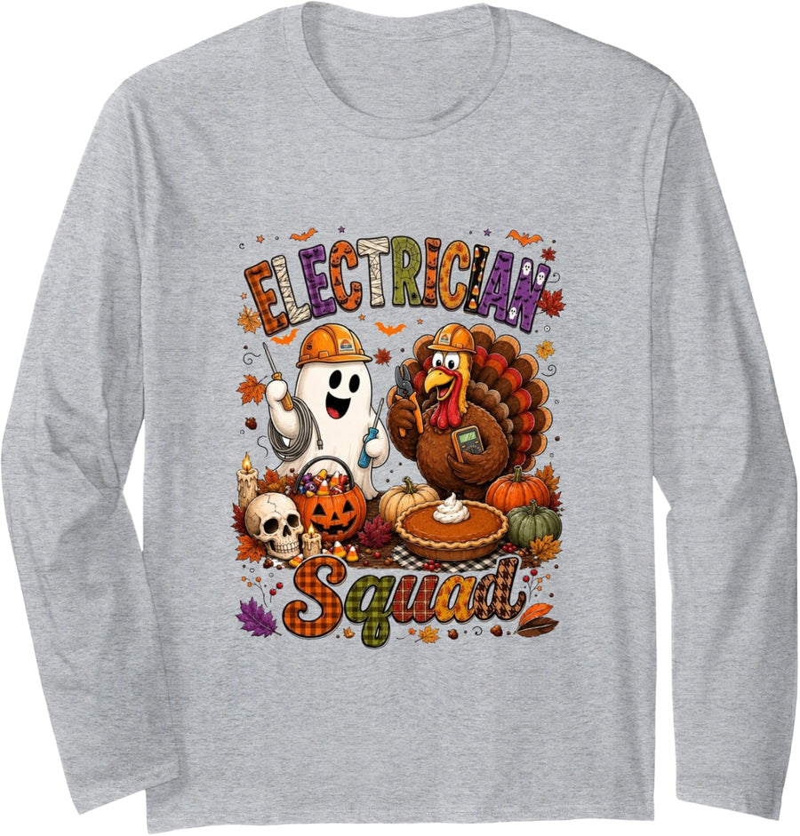 Electrician Squad Funny Halloween Boo Thanksgiving Turkey Long Sleeve T-Shirt - Adult Unisex Heather Grey
