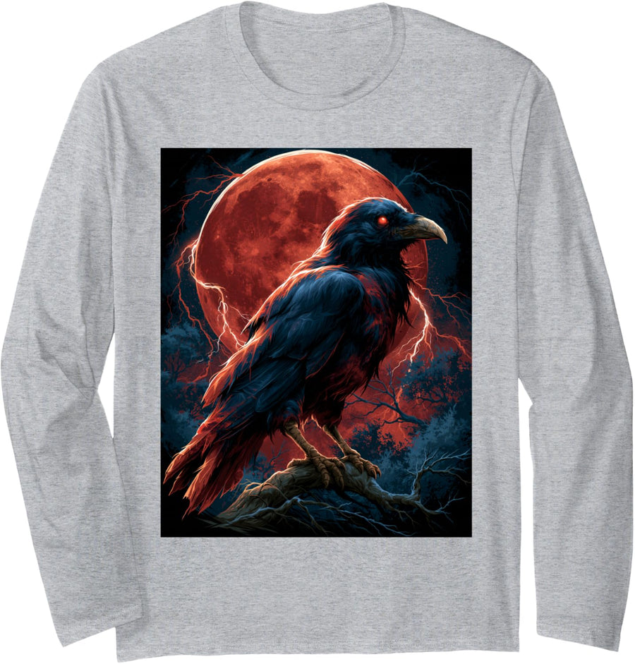 Raven Moon Men Black Gothic Scary Women Goth Black Crow Long Sleeve T-Shirt - Adult Unisex Heather Grey