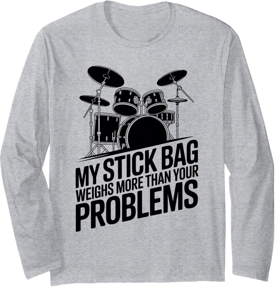Funny Drummer Drumming Long Sleeve T-Shirt - Adult Unisex Heather Grey