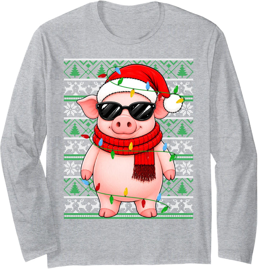 Santa Pig Christmas Ugly Sweater Festive Pig Xmas Lights Long Sleeve T-Shirt - Adult Unisex Heather Grey