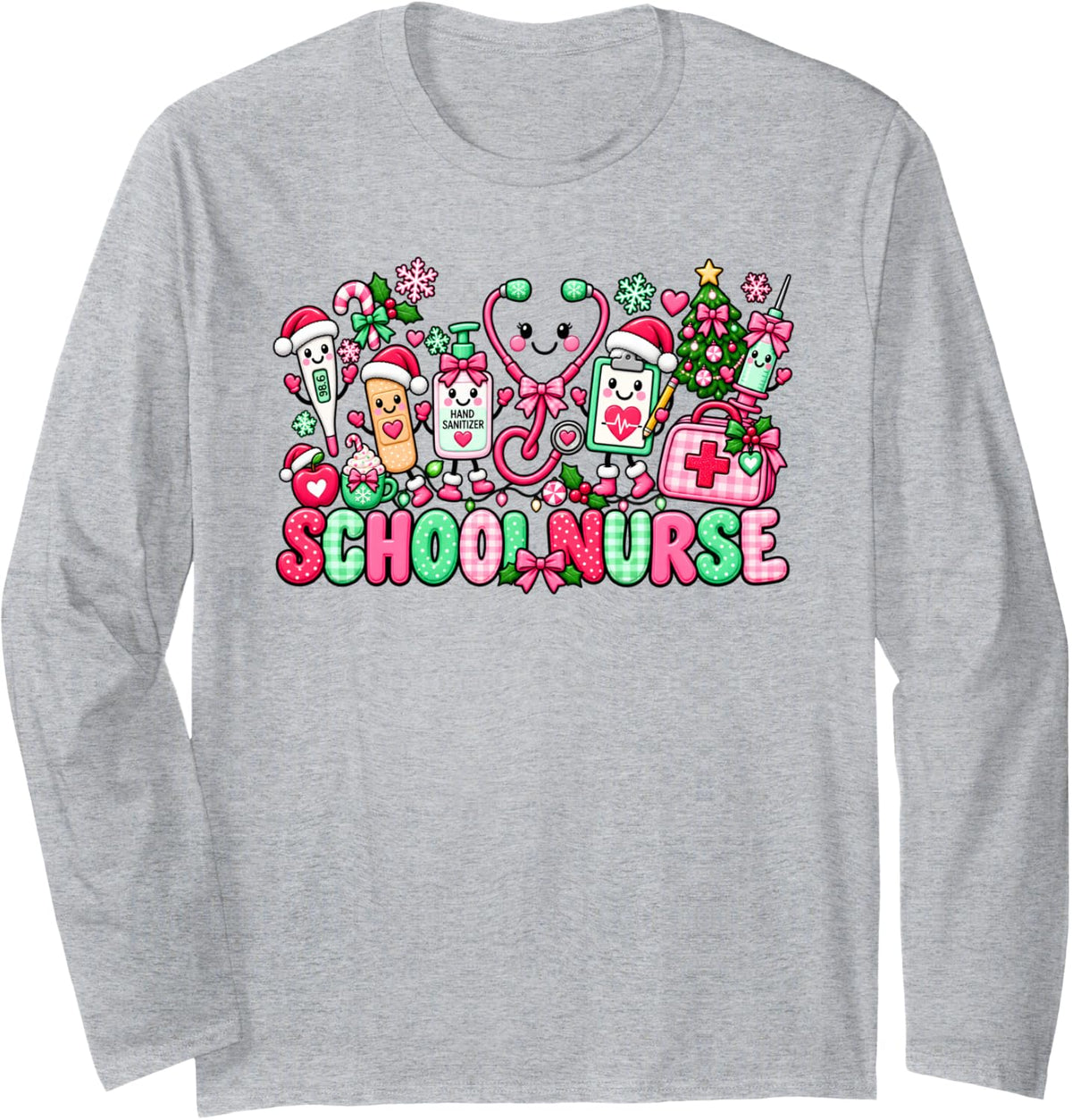Christmas School Nurse Xmas Tree Lights Season Supplies Long Sleeve T-Shirt - Adult Unisex Heather Grey