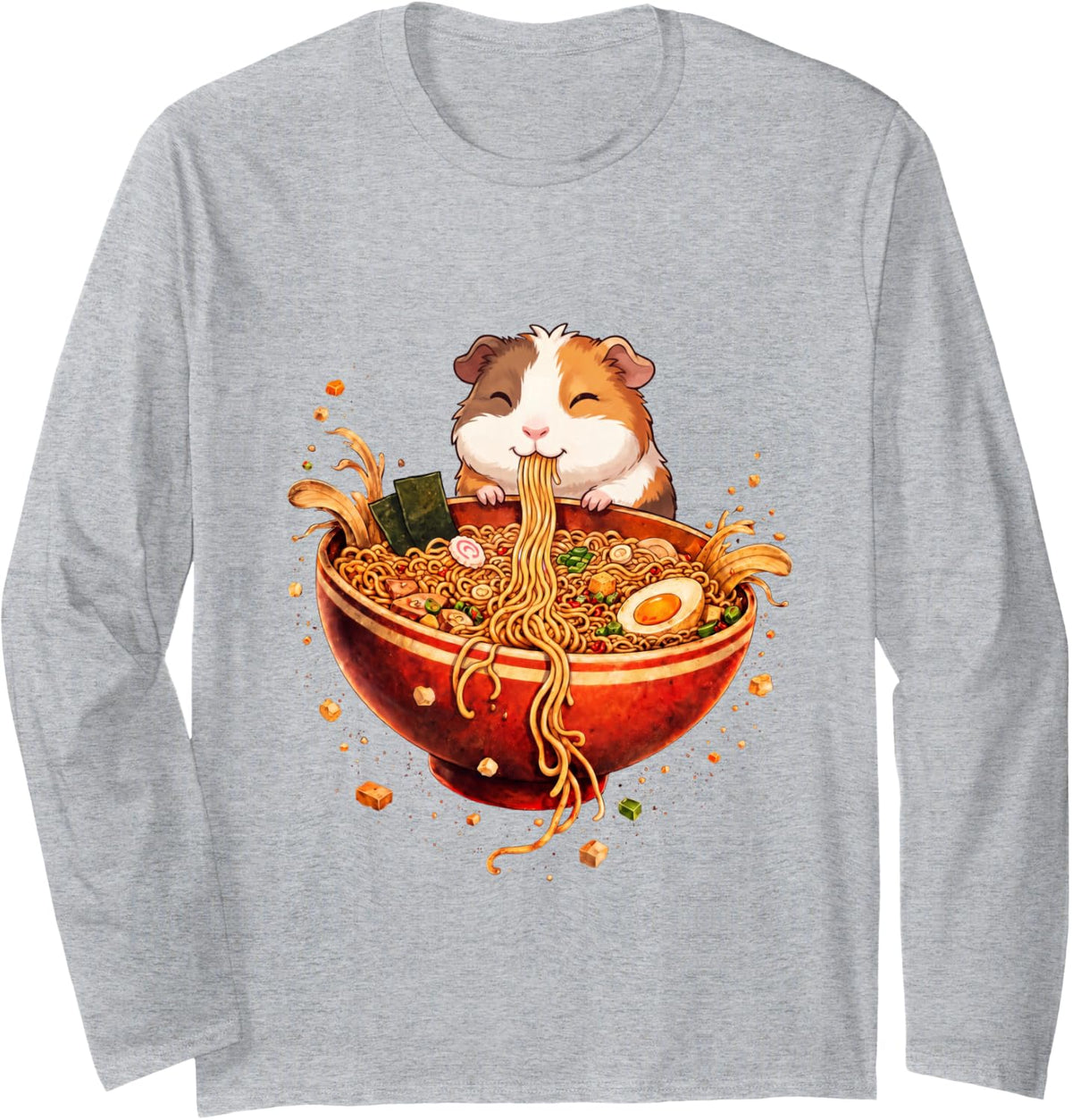 Guinea Pig Ramen Japanese Art Funny Anime Graphic Tee Kawaii Long Sleeve T-Shirt - Adult Unisex Heather Grey