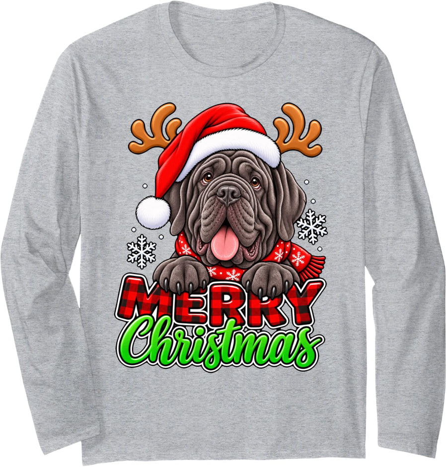 Funny Neapolitan Mastiff Merry Christmas Santa Reindeer Dog Long Sleeve T-Shirt - Adult Unisex Heather Grey