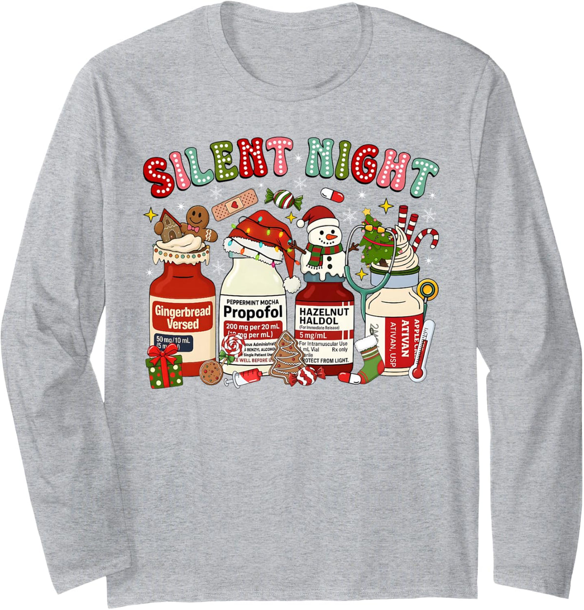 Retro Propofol Silent Night ICU Nurses Funny Merry Christmas Long Sleeve T-Shirt - Adult Unisex Heather Grey