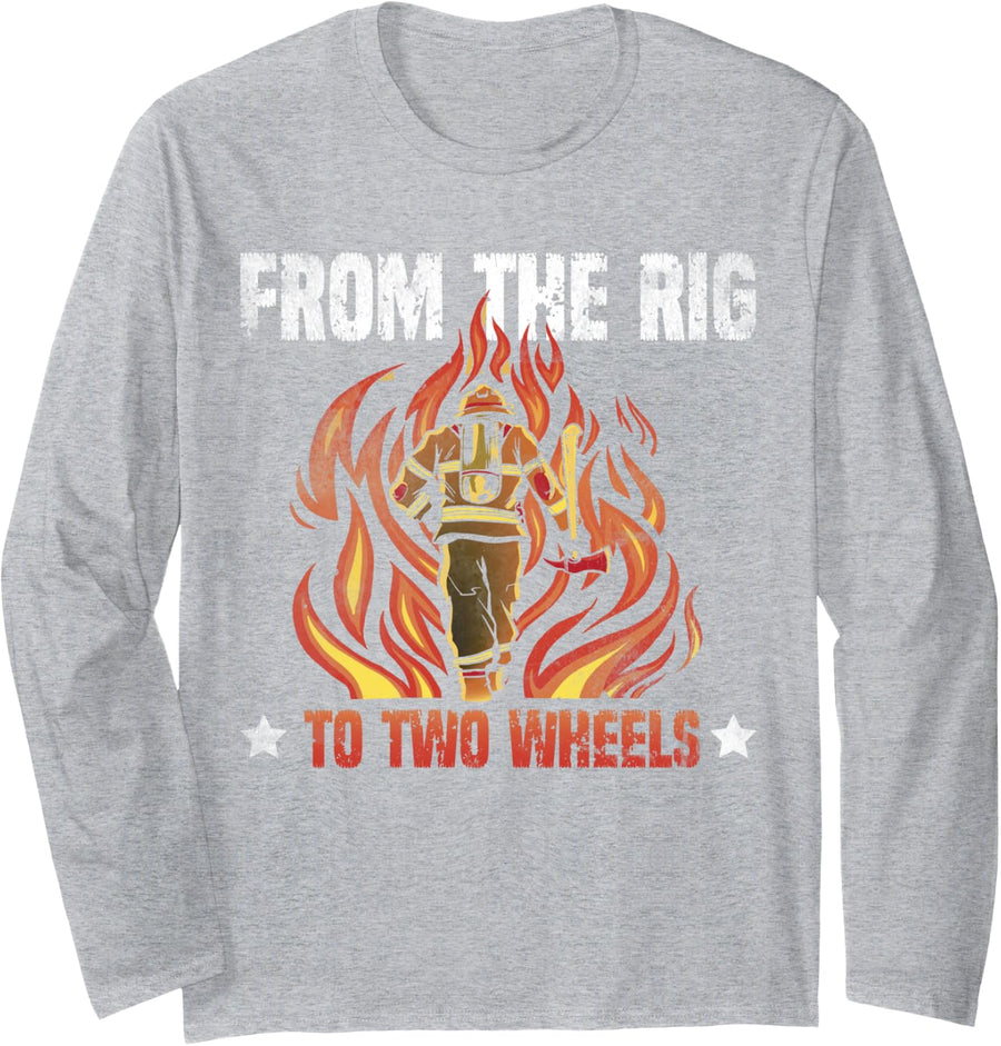 from The Rig to Two Wheels Retired Firefighter Biker Fireman Long Sleeve T-Shirt - Adult Unisex Heather Grey