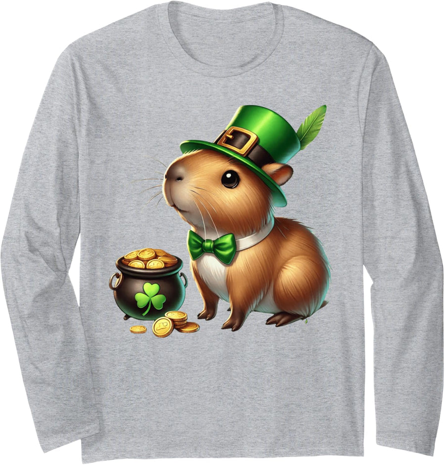 Cute Guinea Pig Leprechaun St Patricks Day Shamrock Kids Long Sleeve T-Shirt - Adult Unisex Heather Grey