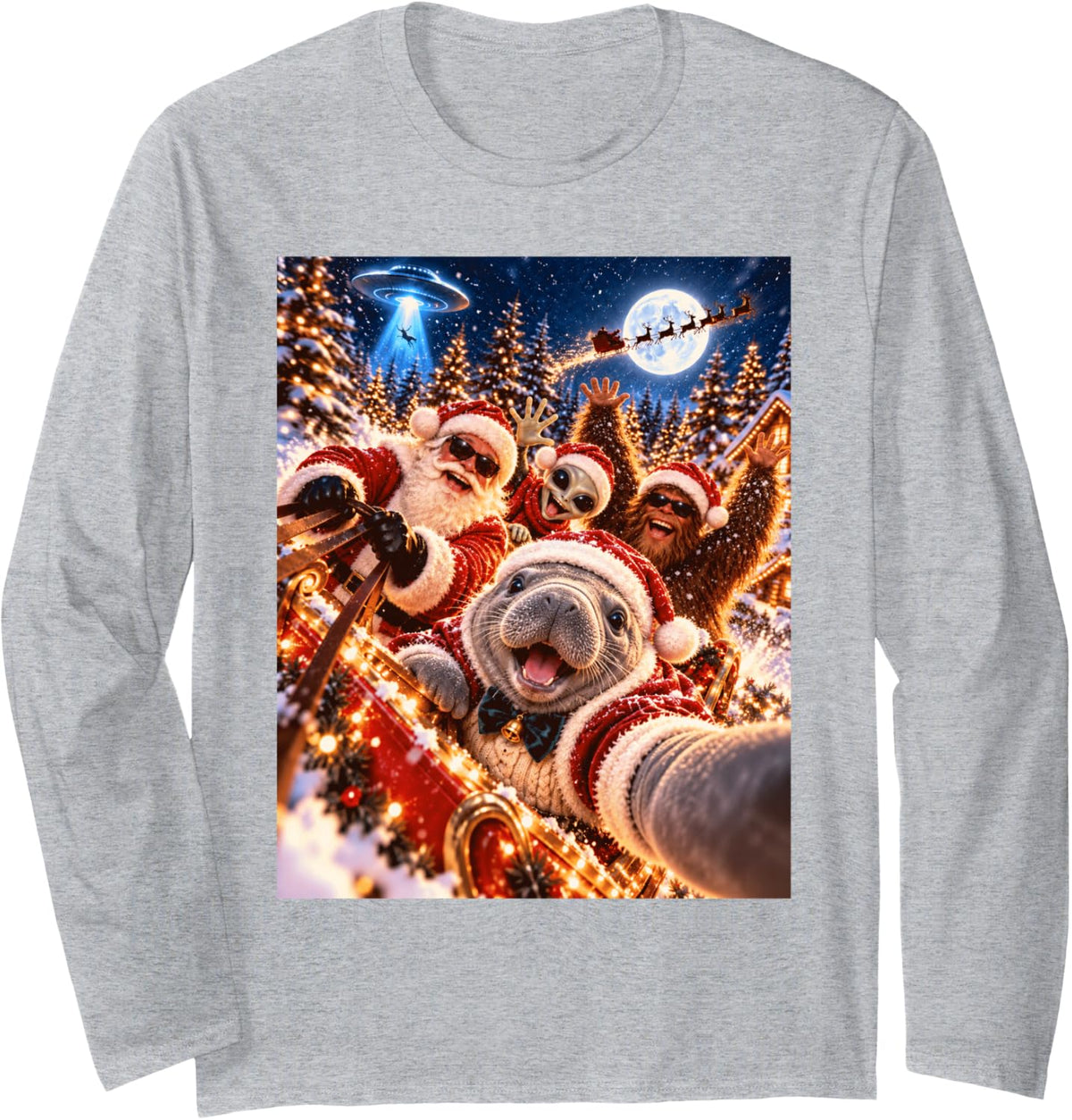 Playful Manatee Santa Christmas Selfie UFO Graphic Long Sleeve T-Shirt - Adult Unisex Heather Grey