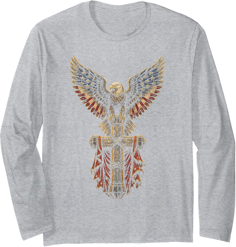 Christian Men Faith Bald Eagle Cross Patriotic Engraving Long Sleeve T-Shirt - Adult Unisex Heather Grey