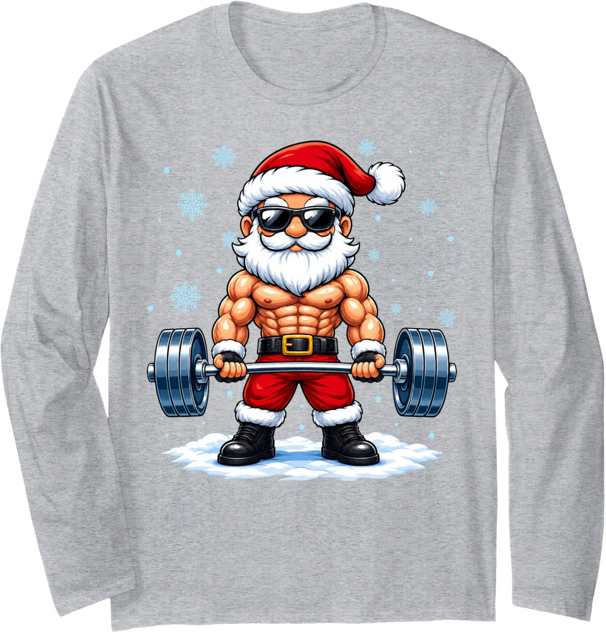 Cool Muscular Santa Weightlifting Gym Christmas Long Sleeve T-Shirt - Adult Unisex Heather Grey