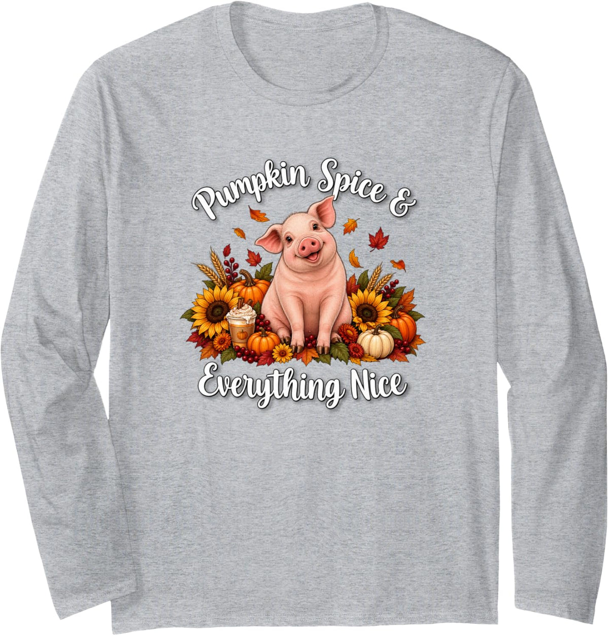 Womens Girls Mom Fall Pumpkin Spice Cute Show Pig Lover Long Sleeve T-Shirt - Adult Unisex Heather Grey