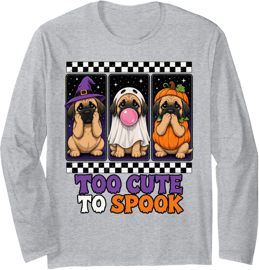 Too Cute to Spook | Cute Puppy Dog Halloween Mastiff Long Sleeve T-Shirt - Adult Unisex Heather Grey