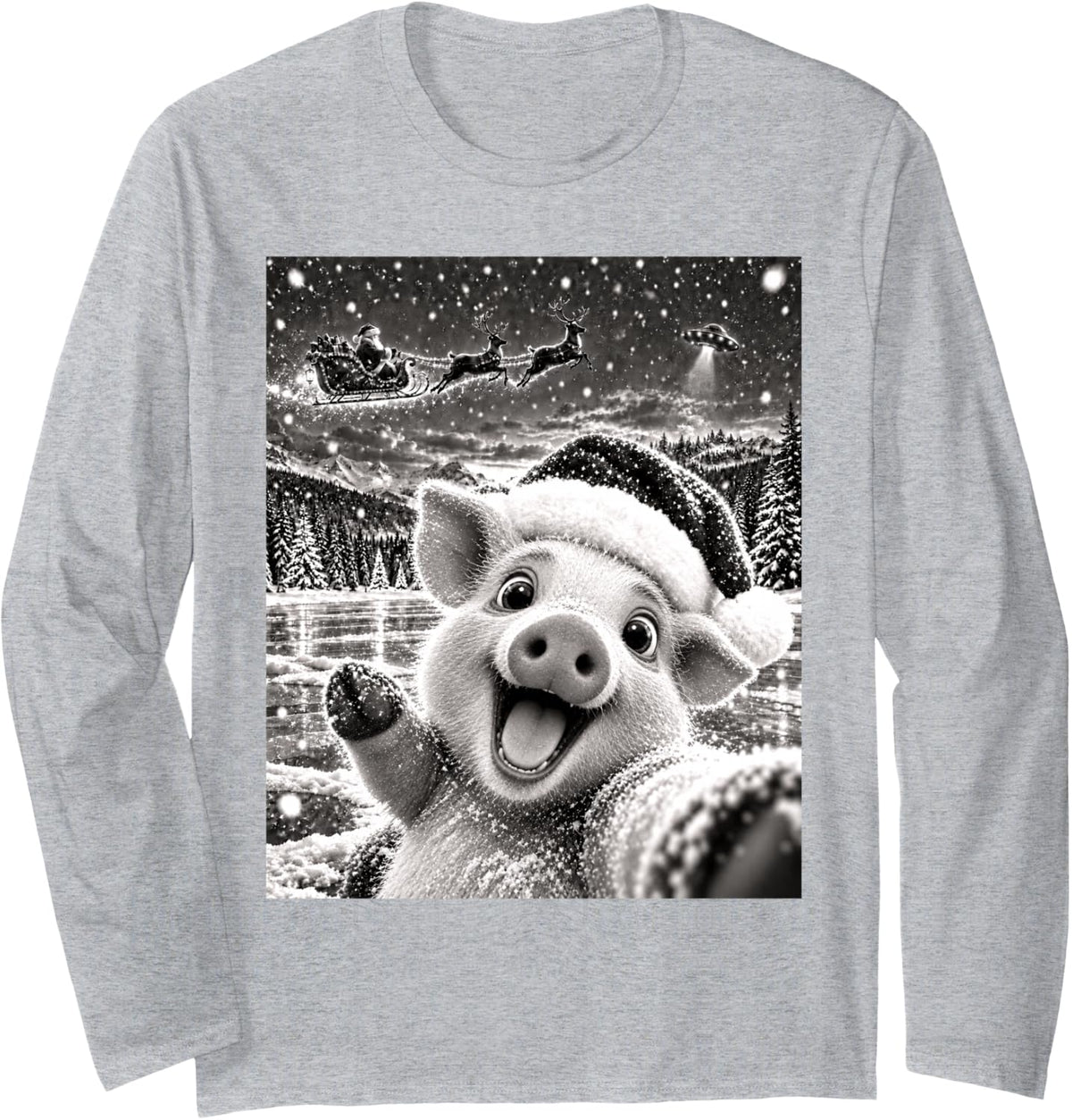 Pig Selfie with Santa Funny Christmas Men Women Kids Long Sleeve T-Shirt - Adult Unisex Heather Grey