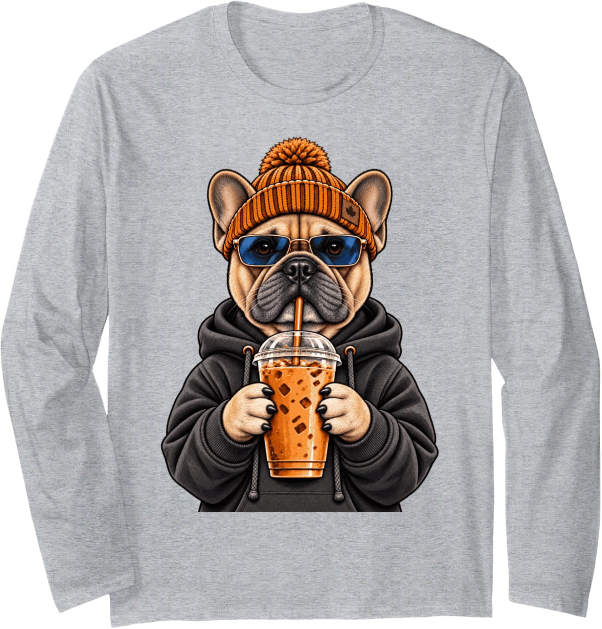 French Bulldog Dog Hipster Iced Coffee Funny Frenchie Long Sleeve T-Shirt - Adult Unisex Heather Grey