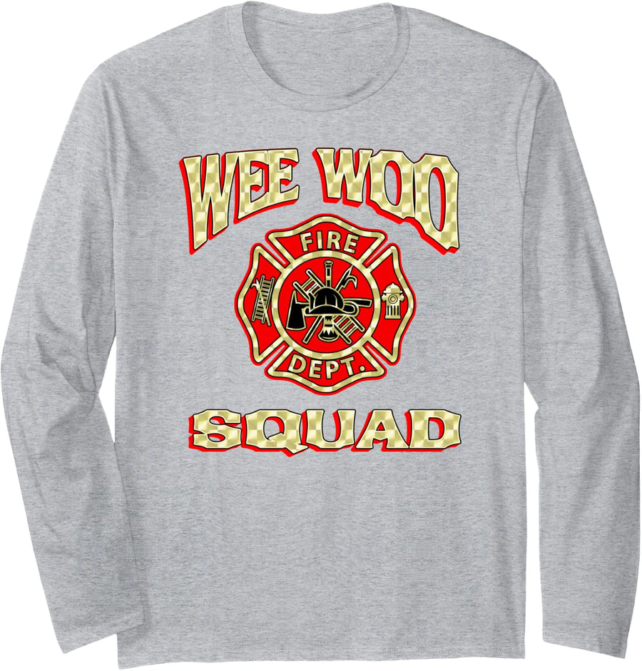 Wee WOO Squad Funny Firefighter Gift Fire Fighter Costume Long Sleeve T-Shirt - Adult Unisex Heather Grey
