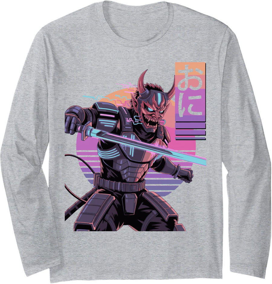 Retro Fun Techwear Cyberpunk Samurai Artist Long Sleeve T-Shirt - Adult Unisex Heather Grey
