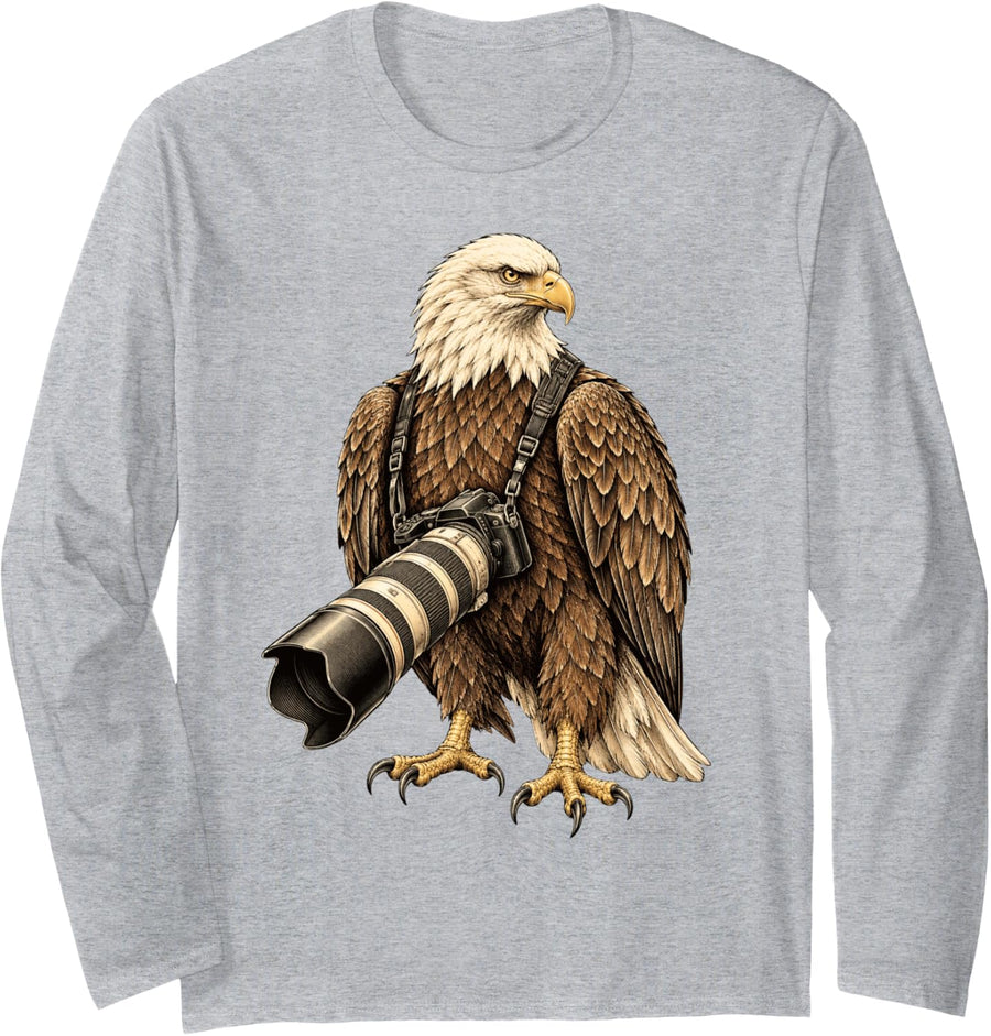 Vintage Bald Eagle Photography Camera Wildlife Photograph Long Sleeve T-Shirt - Adult Unisex Heather Grey