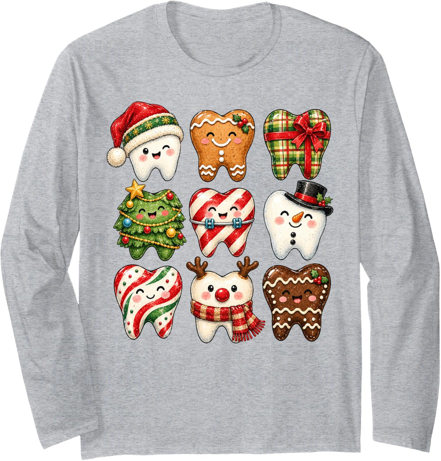 Funny Christmas Teeth Dental Hygienist Dentist Xmas Holiday Long Sleeve T-Shirt - Adult Unisex Heather Grey