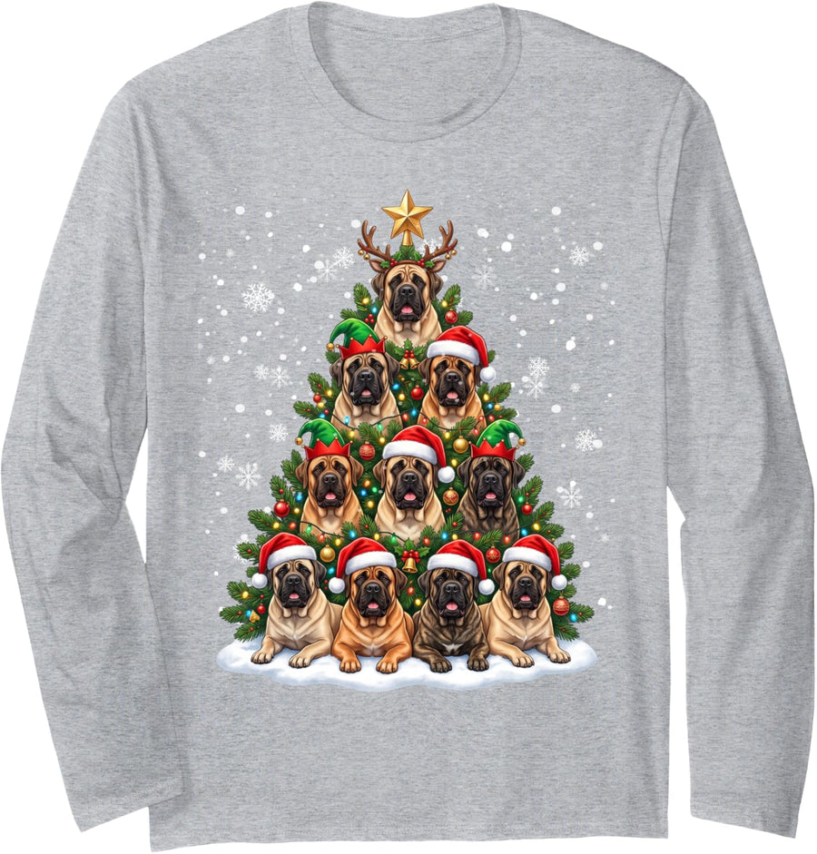 Funny Christmas Tree Mastiff Family Xmas Pajamas Long Sleeve T-Shirt - Adult Unisex Heather Grey