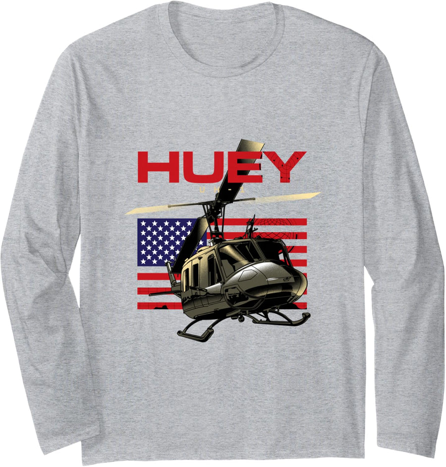 Huey Military Helicopter Airplane Long Sleeve T-Shirt - Adult Unisex Heather Grey