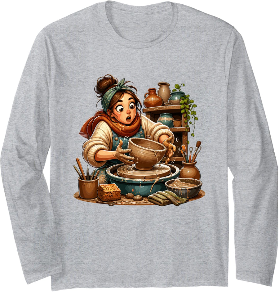 Ceramic Pottery Wheel Craft Studio Shelves Long Sleeve T-Shirt - Adult Unisex Heather Grey