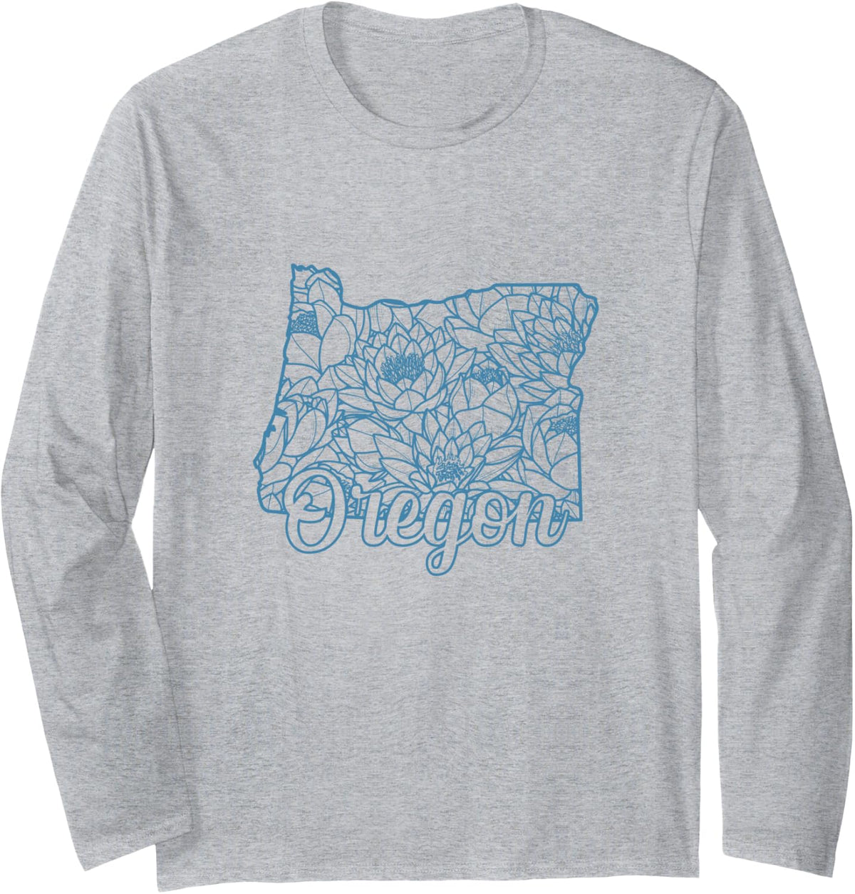 Oregon Flower Pattern in Map Outline USA Long Sleeve T-Shirt - Adult Unisex Heather Grey