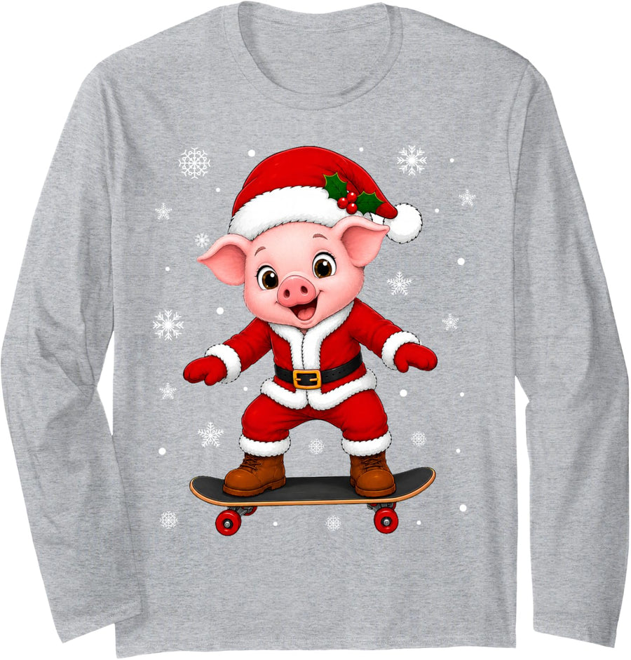 Cute Festive Skateboarding Pig Christmas Long Sleeve T-Shirt - Adult Unisex Heather Grey