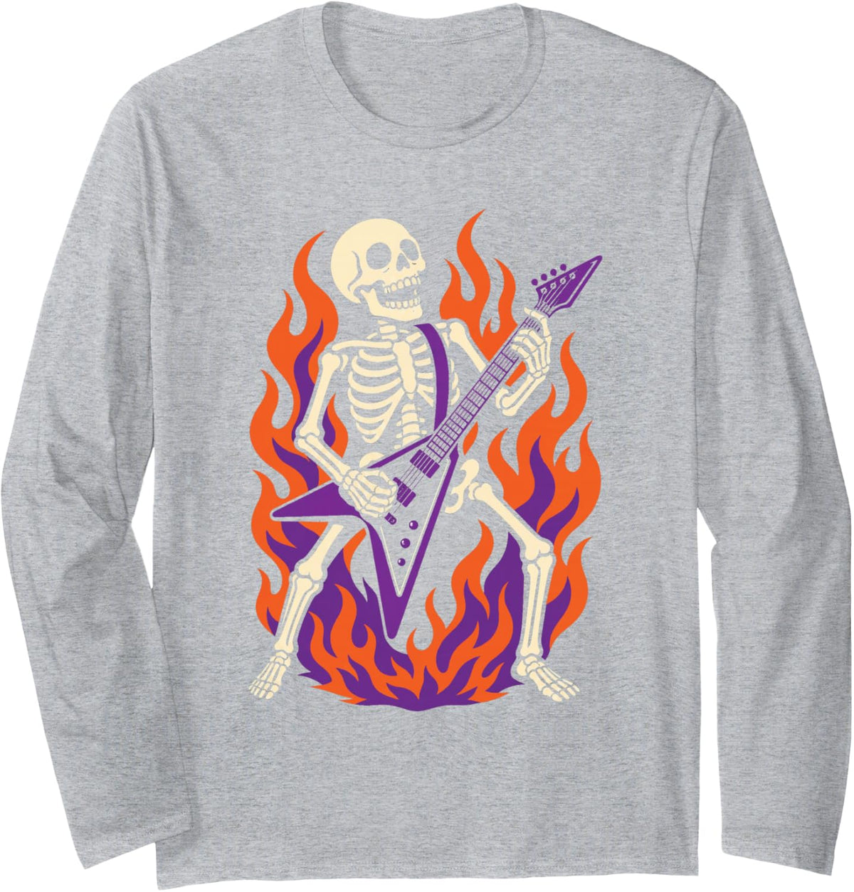 Halloween Skeleton Punk Rock Guitar Player Mohawk Flames Long Sleeve T-Shirt - Adult Unisex Heather Grey